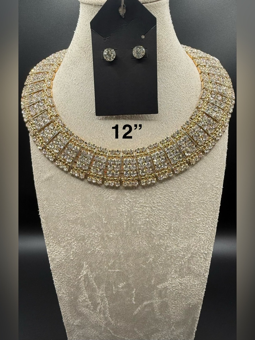 Gold Crystal Collar Necklace with Stud Earrings